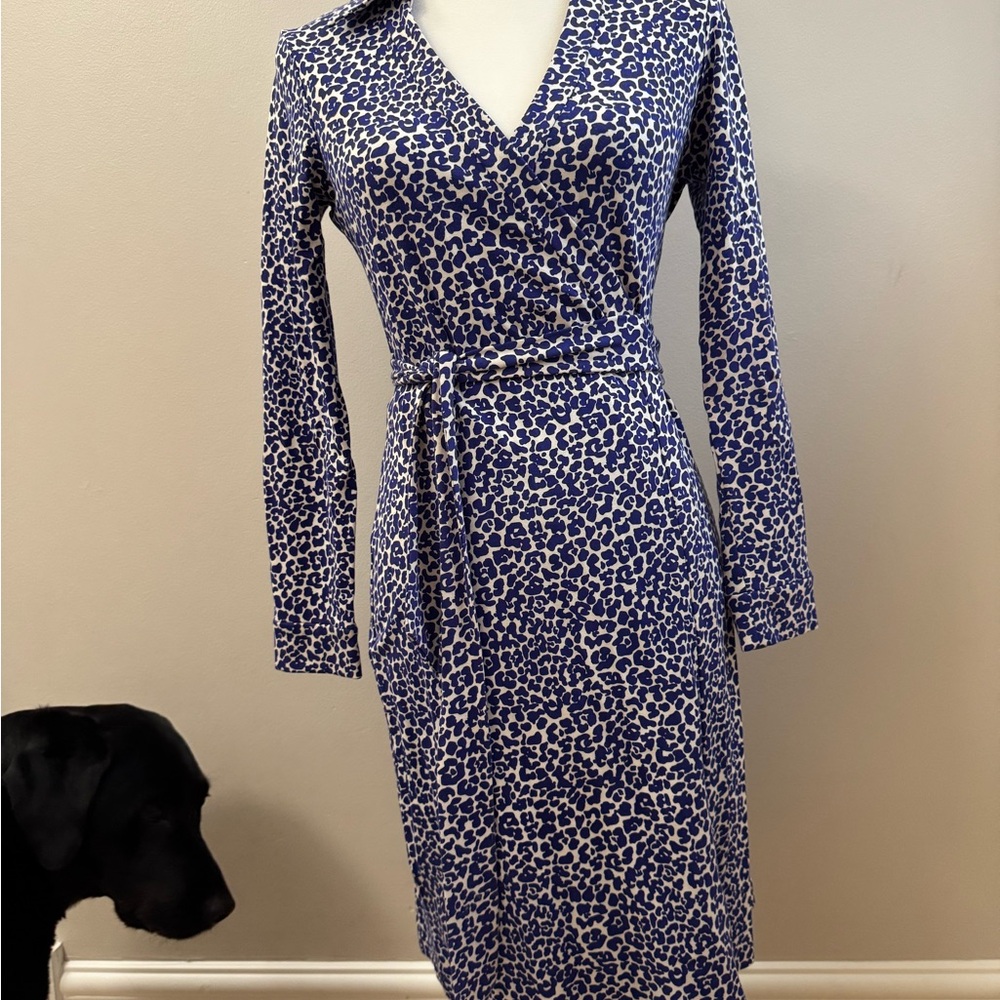 Diane Von Furstenberg Blue Leopard Print Long Sleeve Dress